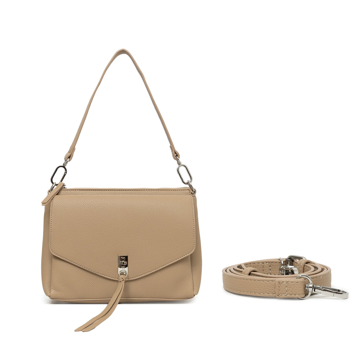 The biscuit bag on its shoulder strap, with the cross body strap coiled beside it.