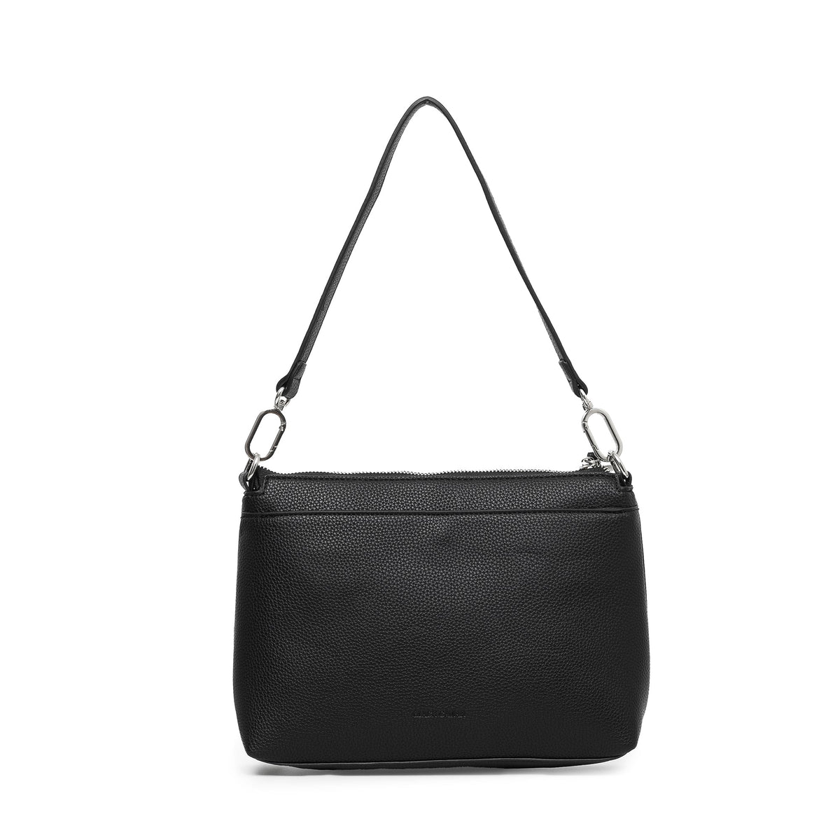 The plain back of the black bag on its shoulder strap.