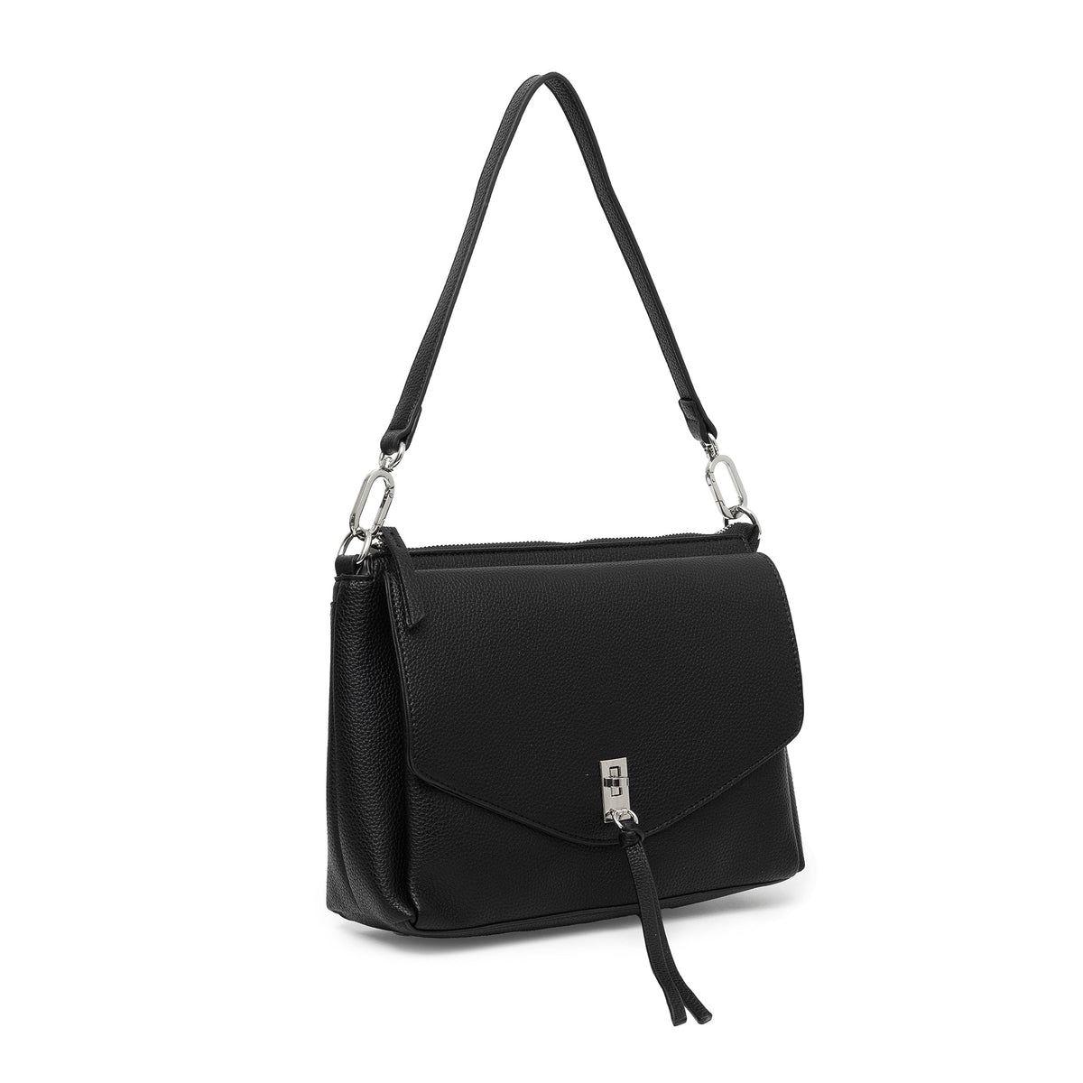 The black bag at an angle, showing the flap and tassel.