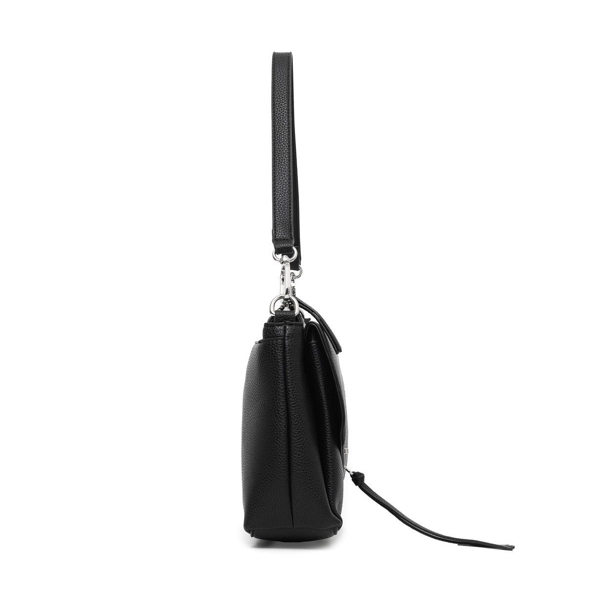 Side view of the black bag, showing its slim depth.