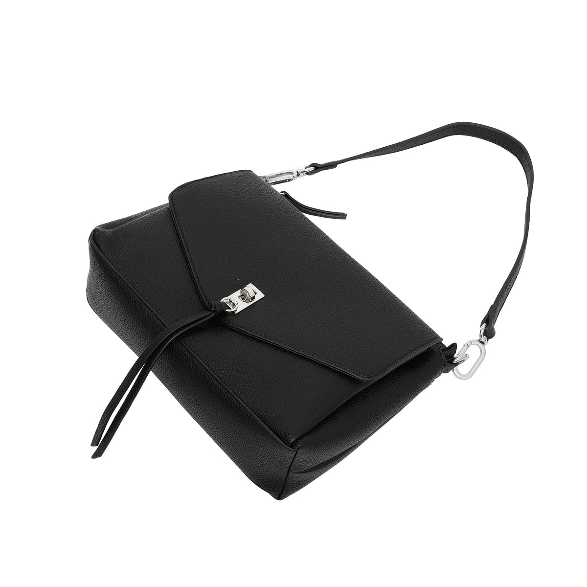 The black bag lying flat, with the shoulder strap looped behind.