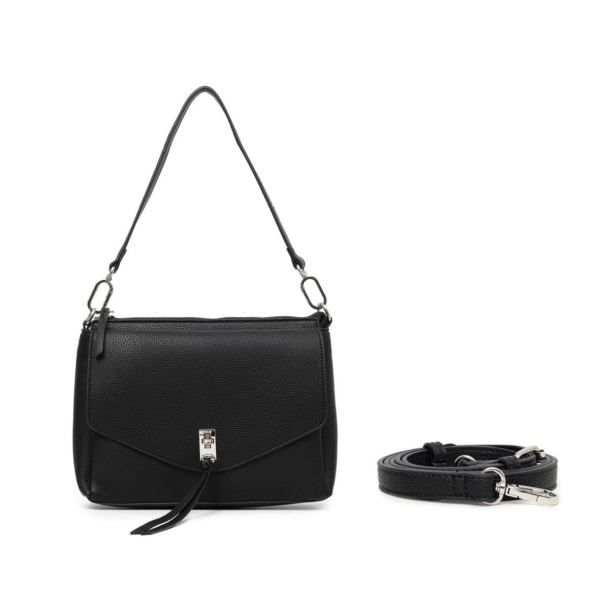The black bag on its shoulder strap, with the cross body strap coiled beside it.