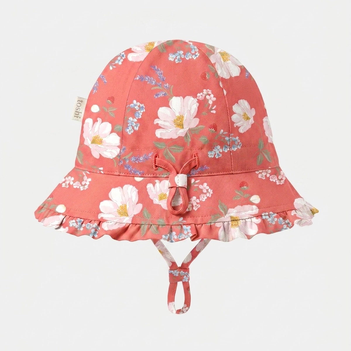 Toshi Arcadia Camille Paradise bell sunhat in coral pink cotton with a white blossom print, frilled brim, adjustable head toggle and chin strap