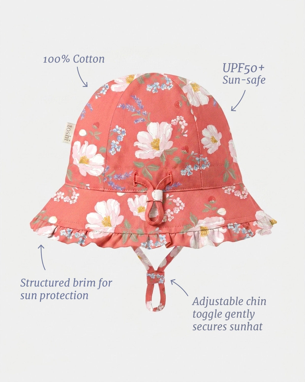 Labelled view of the bell sunhat noting 100% cotton, UPF50+, structured brim and the adjustable chin toggle