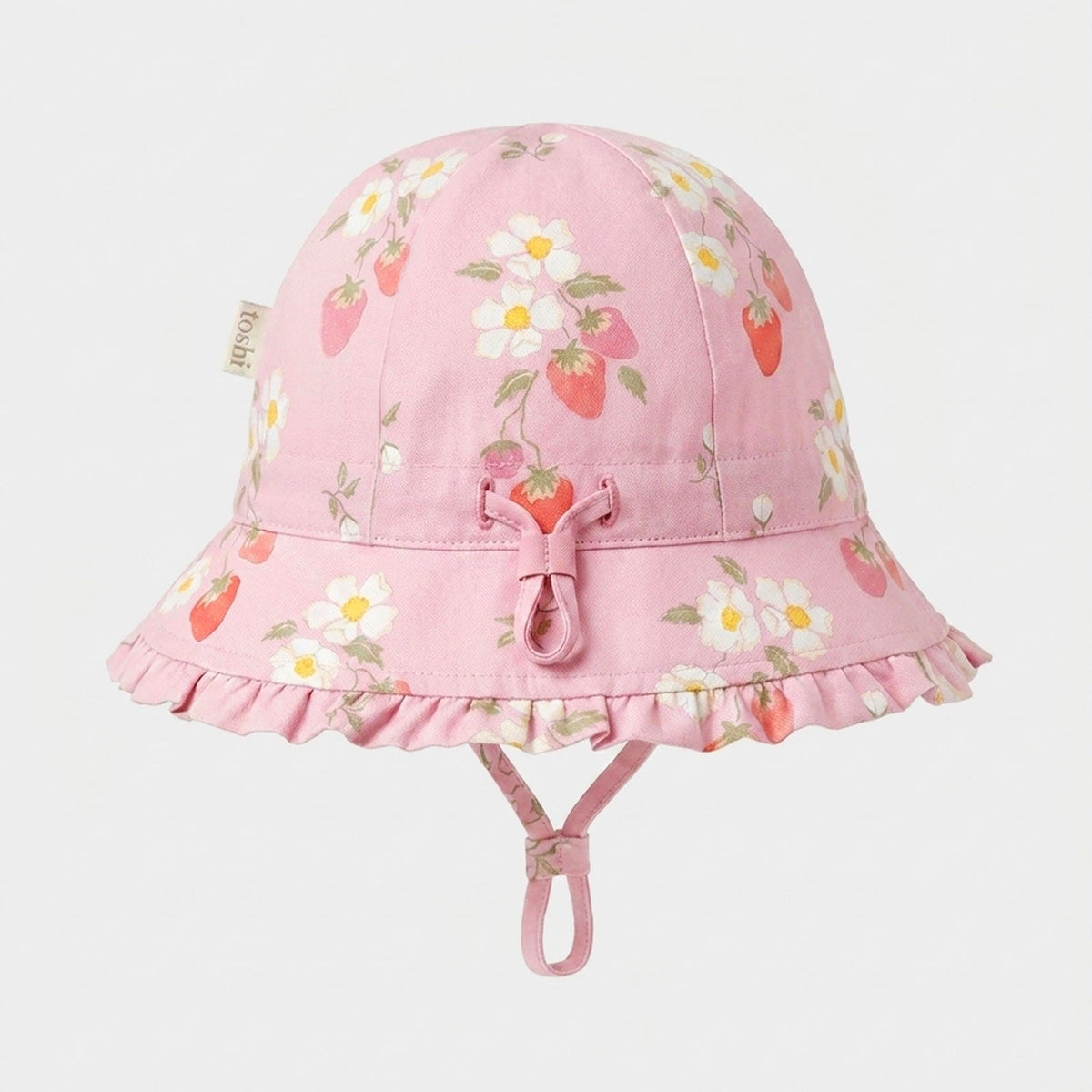Toshi Arcadia Strawberry Fields bell sunhat in pink cotton with a strawberry and blossom print, frilled brim and chin strap