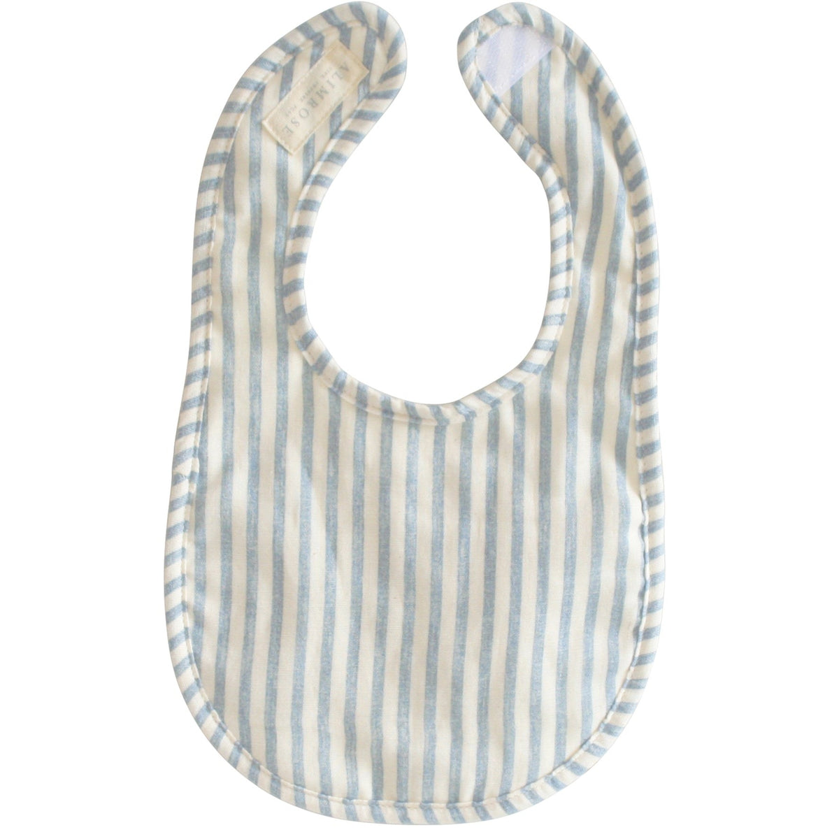 The back of the chambray striped bib, showing its neck tab and label.