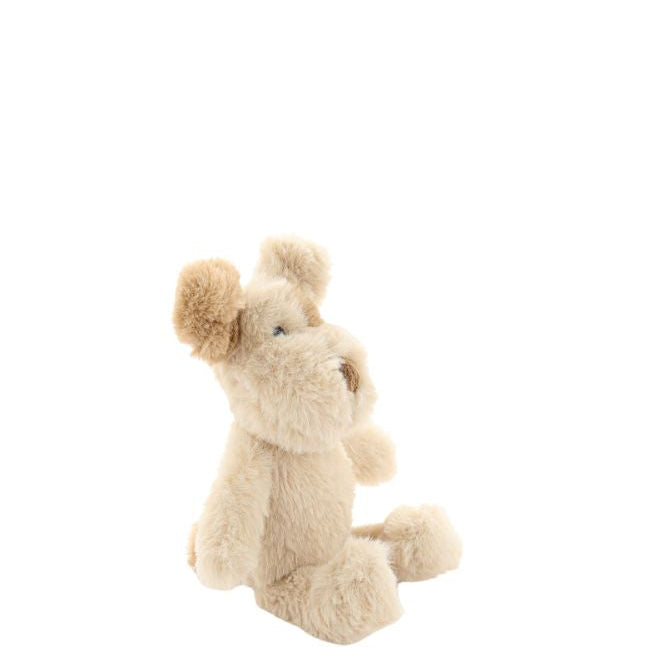 Small cream plush dog rattle with tan ears and a brown nose, sitting upright.