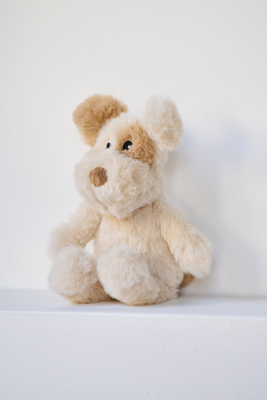 The dog rattle sitting on a white ledge against a pale wall.