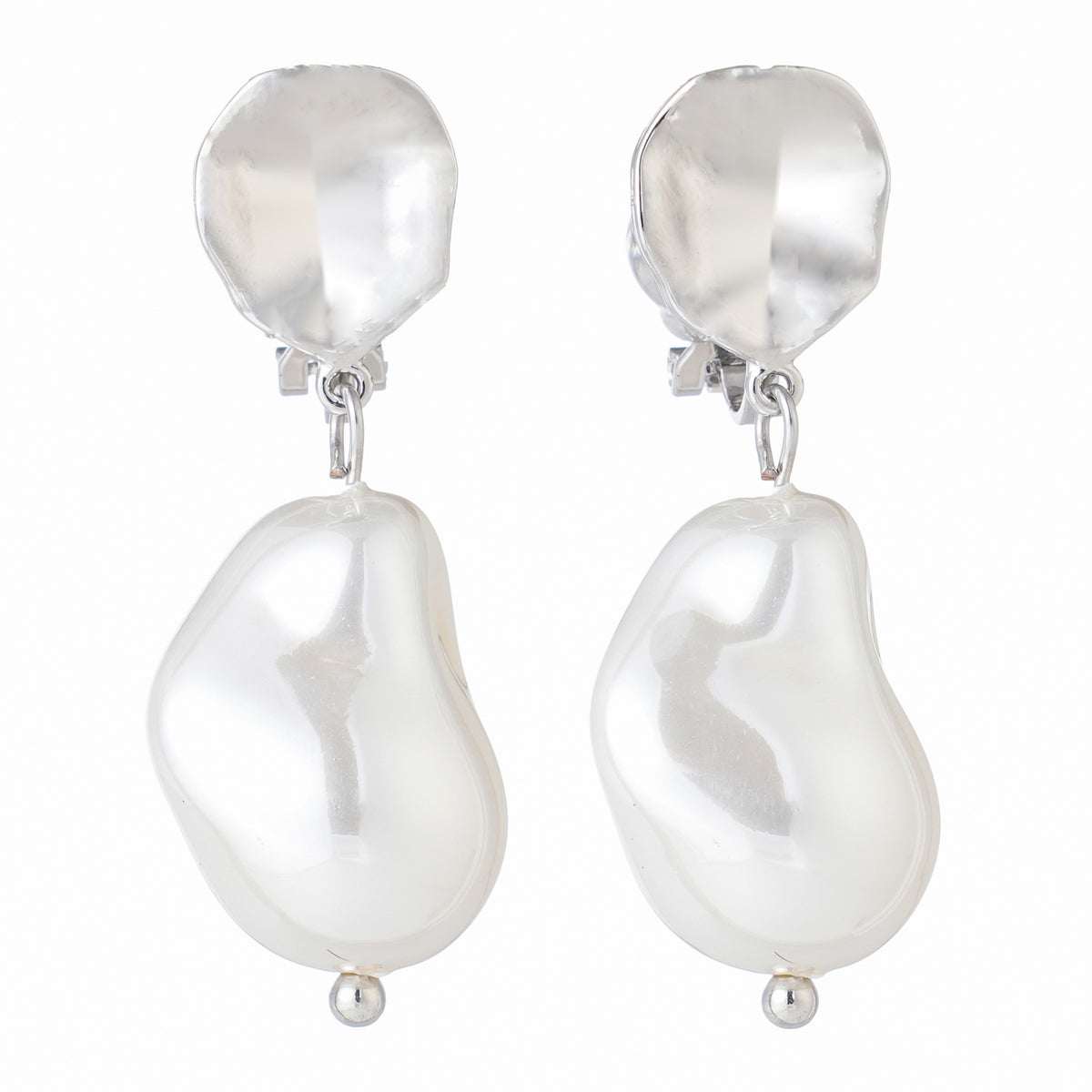 Silver-tone clip-on earrings with a hammered disc and baroque pearl drop