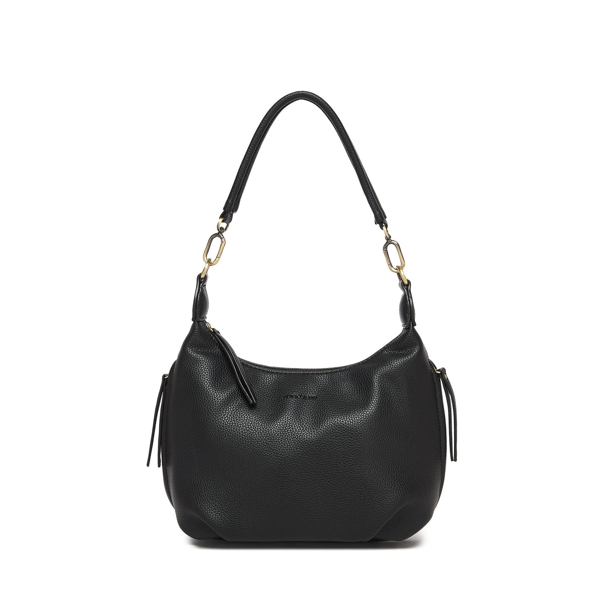 Black pebbled cross body bag with a rounded shoulder strap, antique gold rings and long zip pulls.