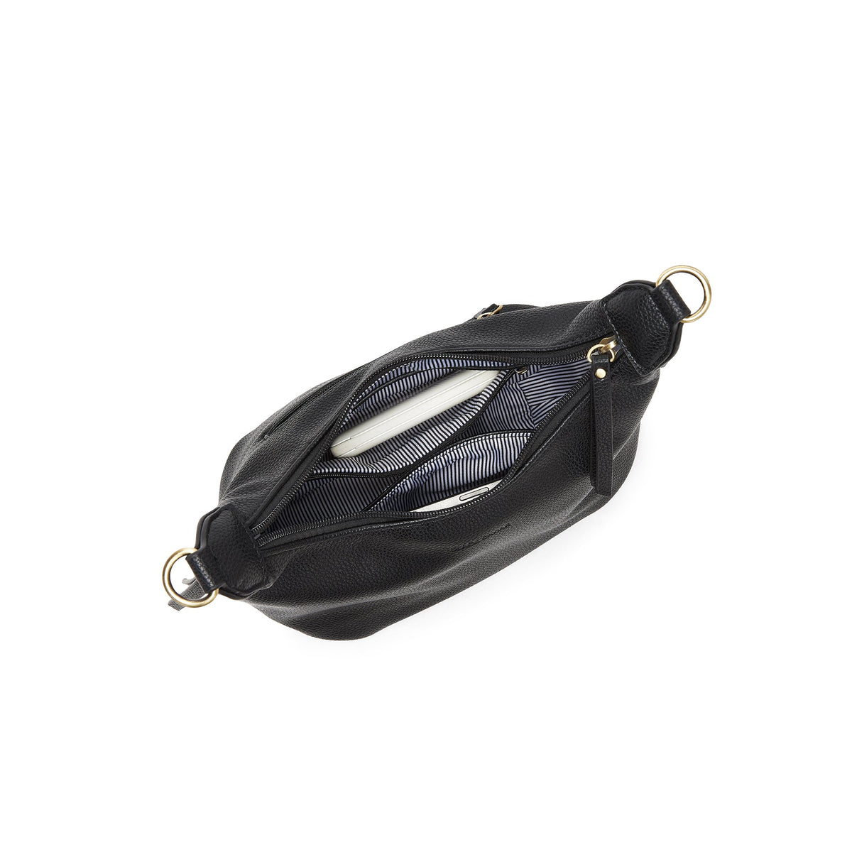 The open bag from above, with small items tucked into its inside pockets.