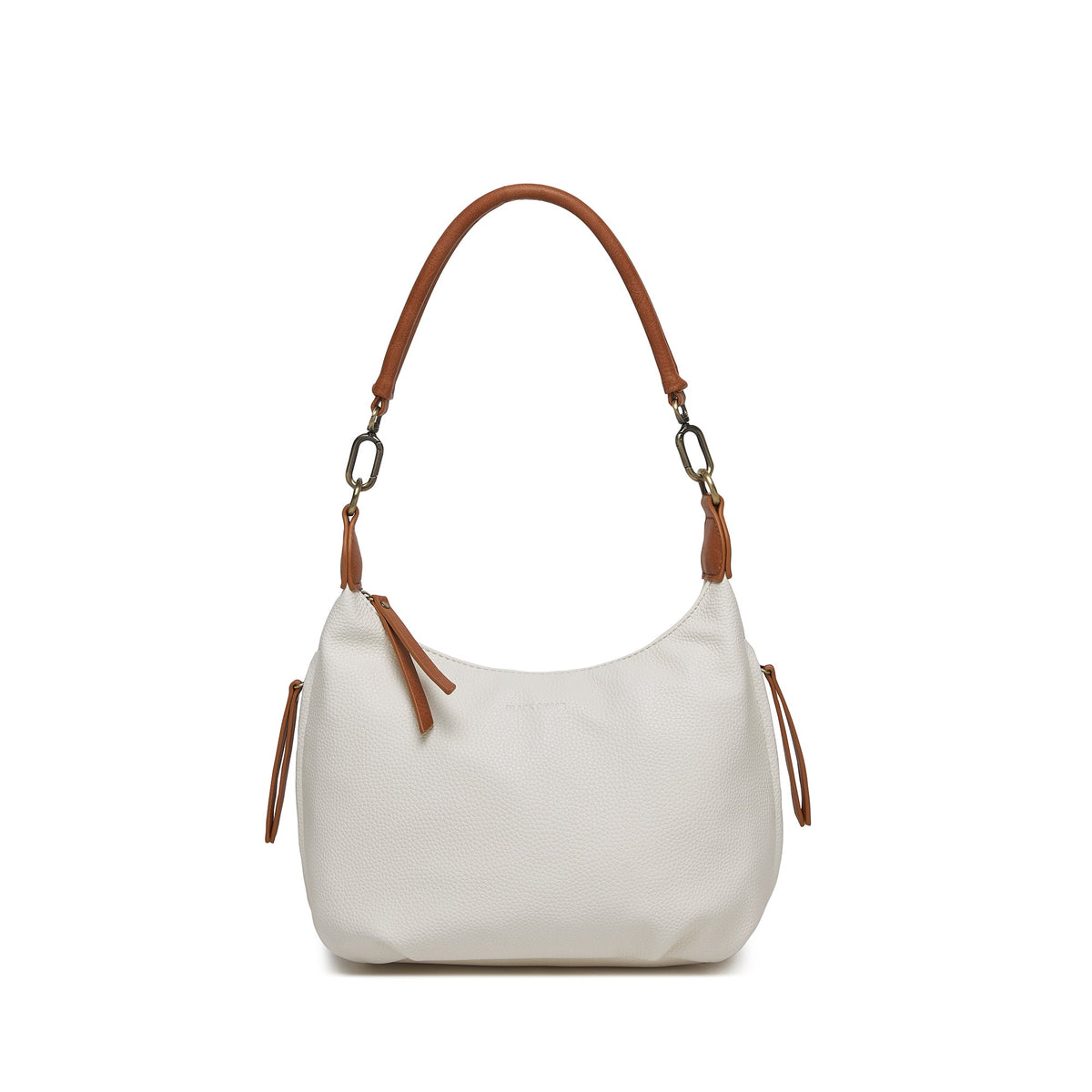 White pebbled cross body bag with a tan shoulder strap, tan zip pulls and antique gold rings.