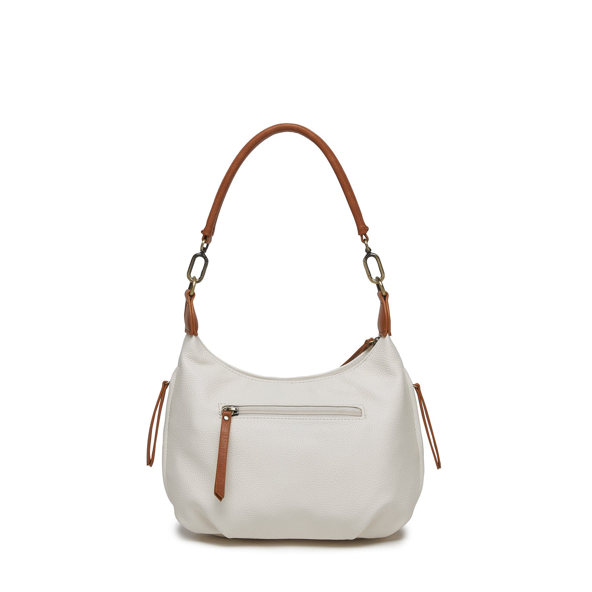 The back of the white bag, with a zipped pocket and a long tan zip pull.