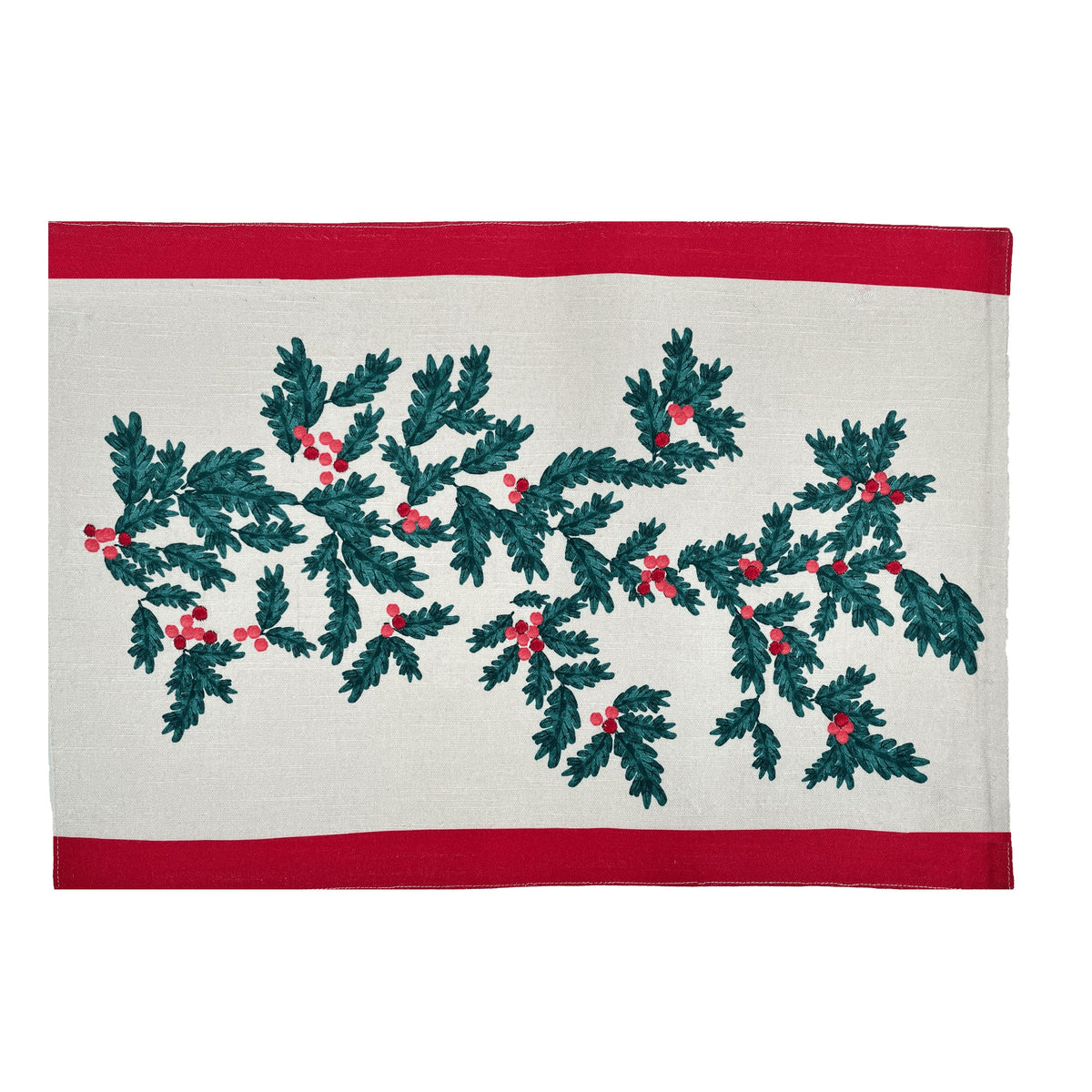 Christmas Foliage cotton placemat with green leaves and red berries on white and a red stripe top and bottom