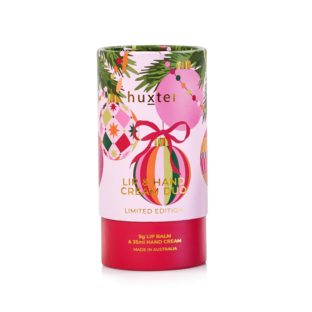 Huxter Lip & Hand Cream Duo round gift tube, pink with baubles and pine, marked limited edition.