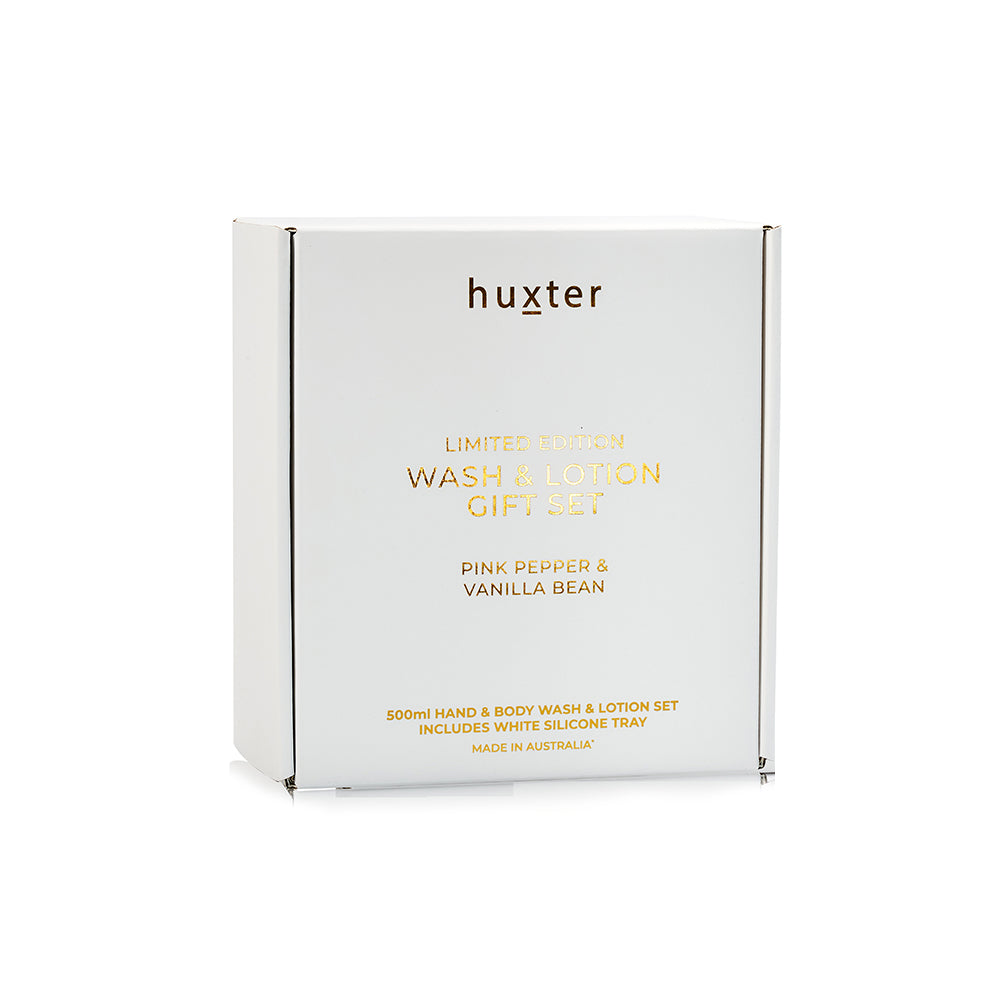 The white Huxter box without its sleeve, gold lettering: Limited Edition Wash & Lotion Gift Set, Pink Pepper & Vanilla Bean, made in Australia.