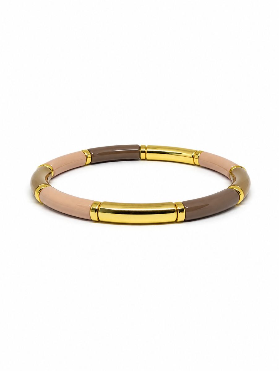 Bracelet of curved bars in taupe, khaki and blush with polished gold-tone sections