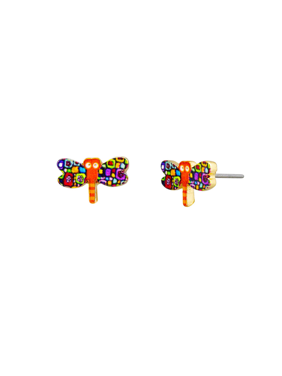 Pair of dragonfly stud earrings with orange striped bodies and multicoloured mosaic wings on black