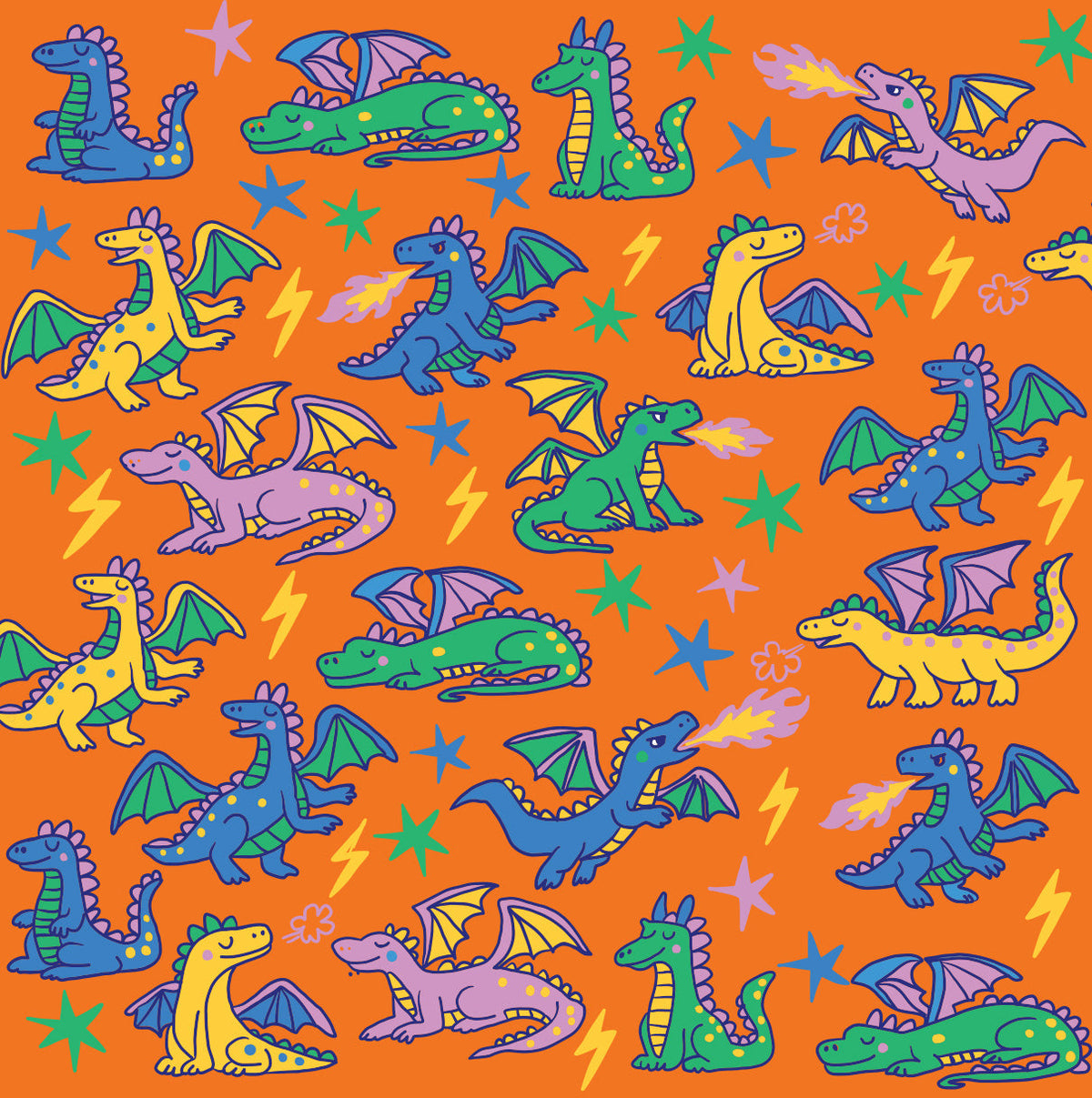 Close-up of the print: blue, green, purple and yellow dragons with stars and lightning bolts on orange
