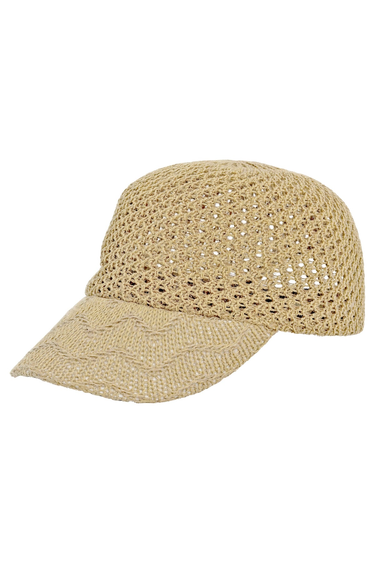 Dusk crochet cap in Tusk, a pale beige open-knit baseball cap with a wavy-stitch peak