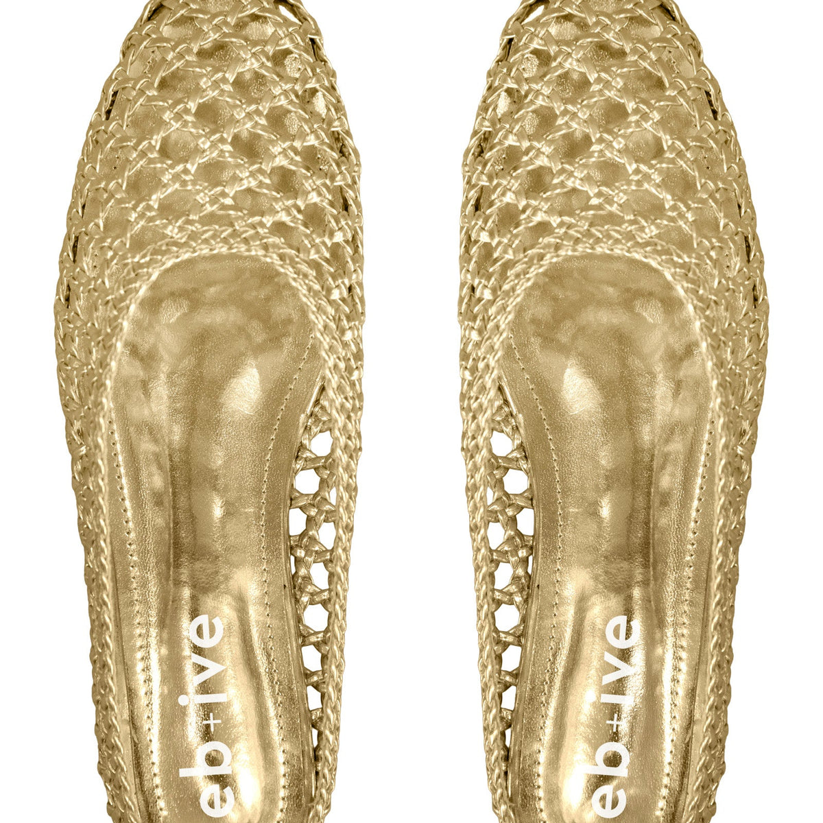 Pair of gold Dusk Slides from above, showing the open-weave uppers and gold footbeds