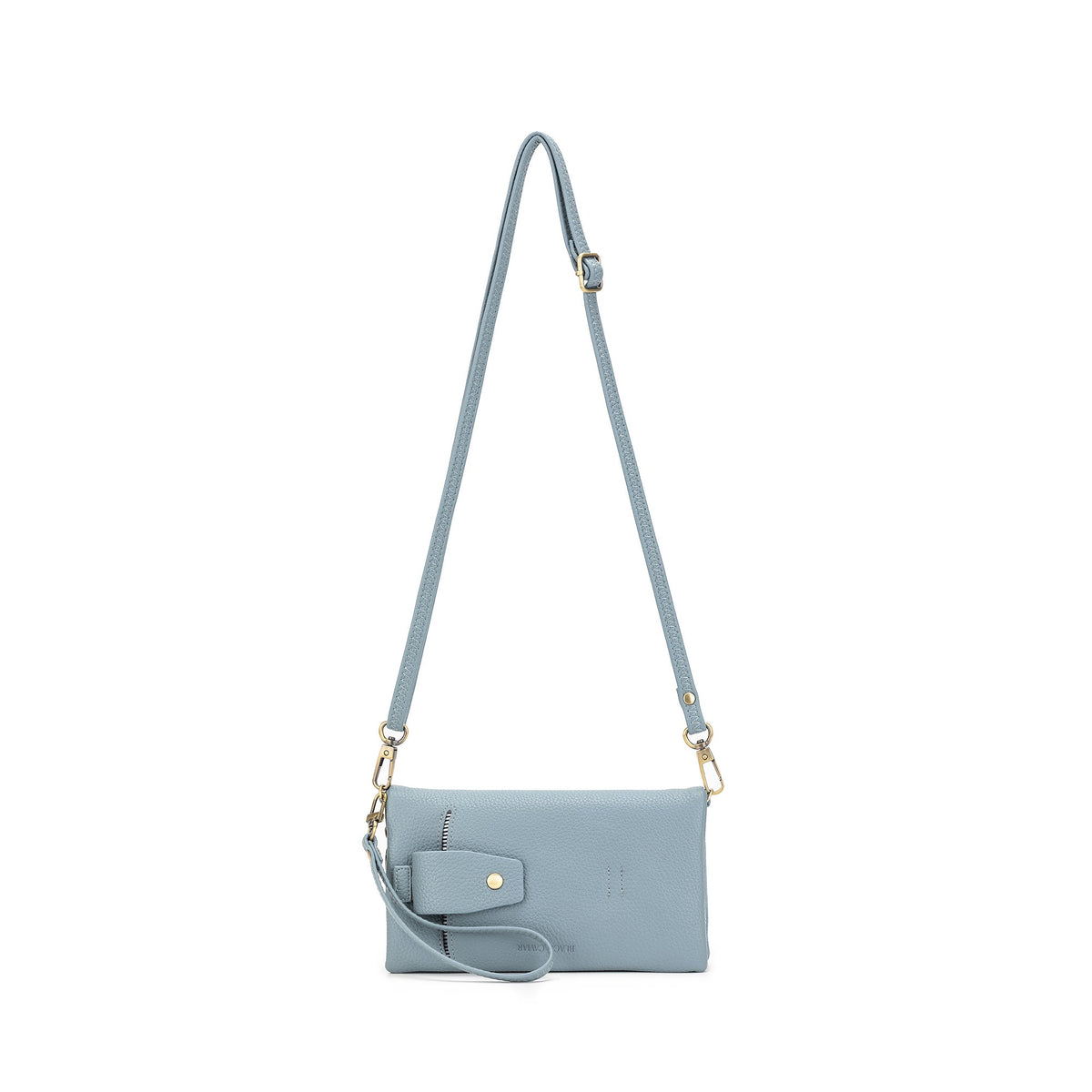 The pale blue wallet hanging from its long cross body strap, with the wrist strap attached.