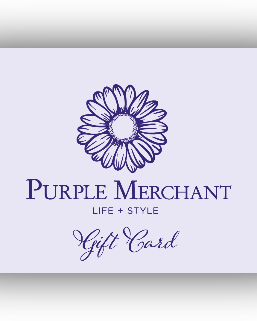 Purple Merchant gift card, its lilac panel printed with the daisy logo and "Gift Card".