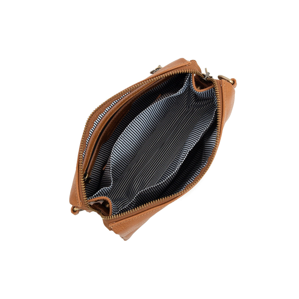The tan bag unzipped, showing a striped lining and inside compartments.