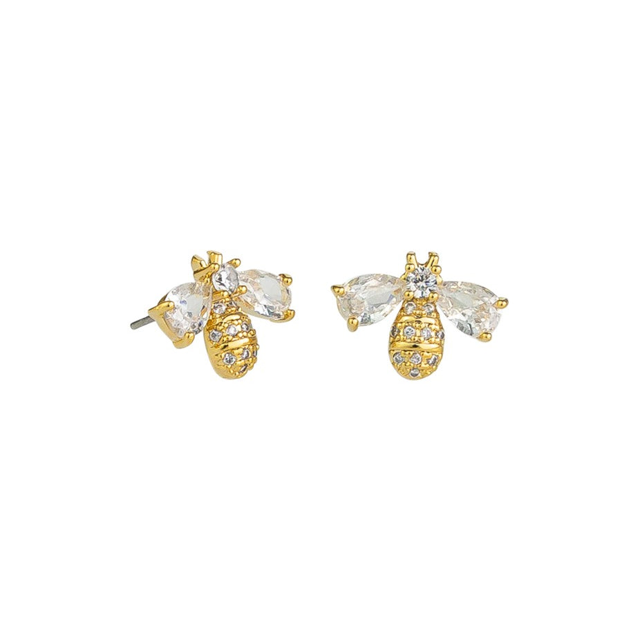 Gold bee stud earrings with crystal-pave bodies and clear crystal wings