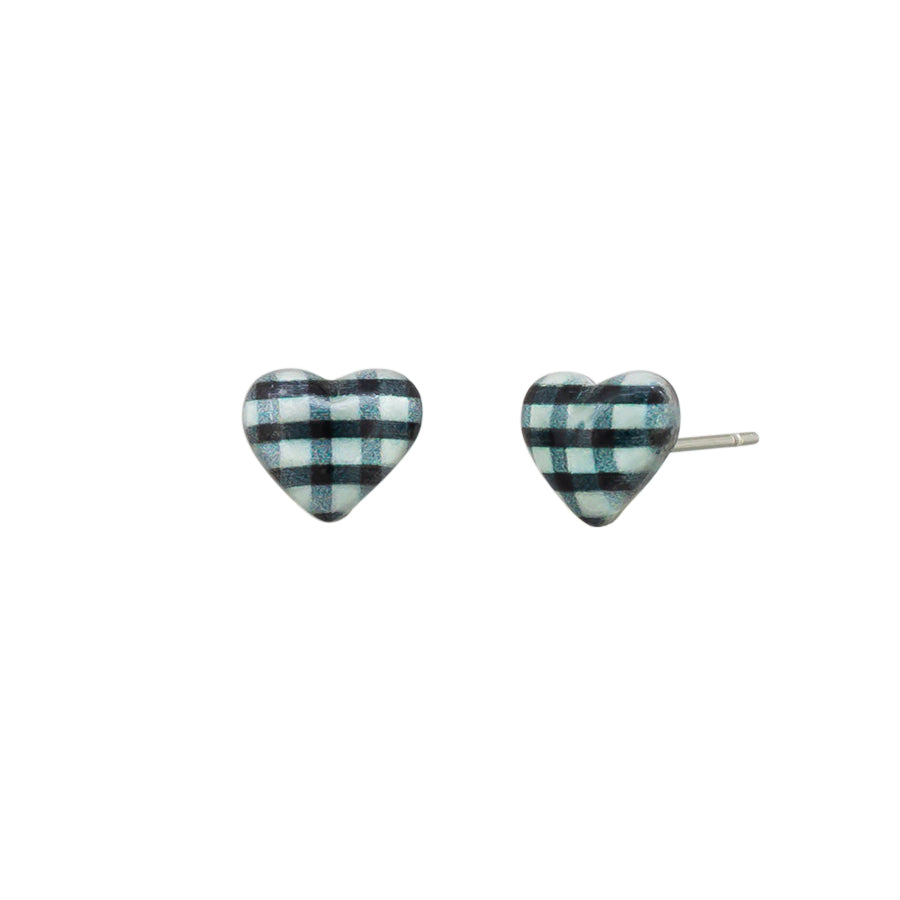 Black and white gingham heart stud earrings