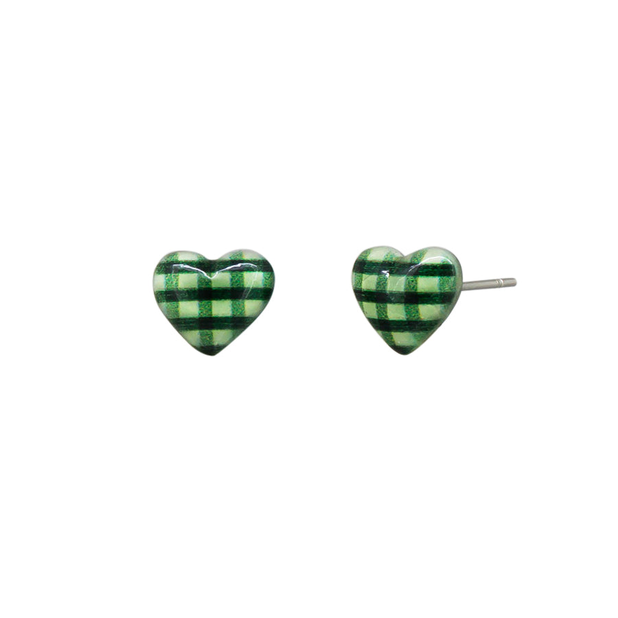 Green gingham heart stud earrings