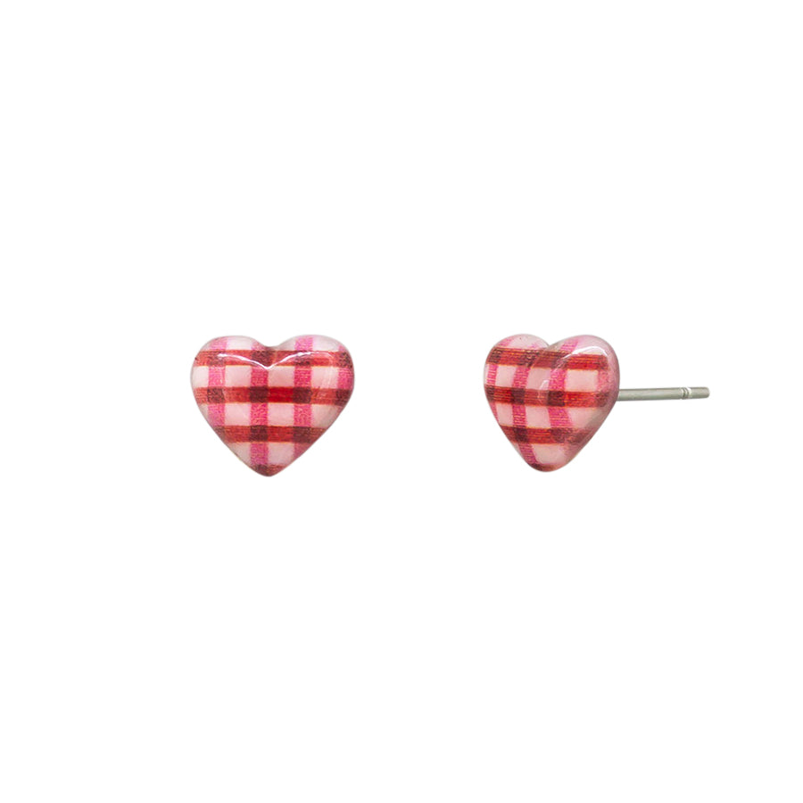 Red gingham heart stud earrings
