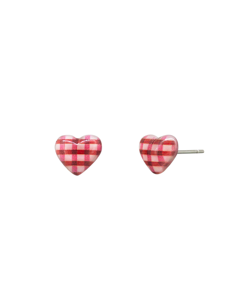 Red gingham heart stud earrings