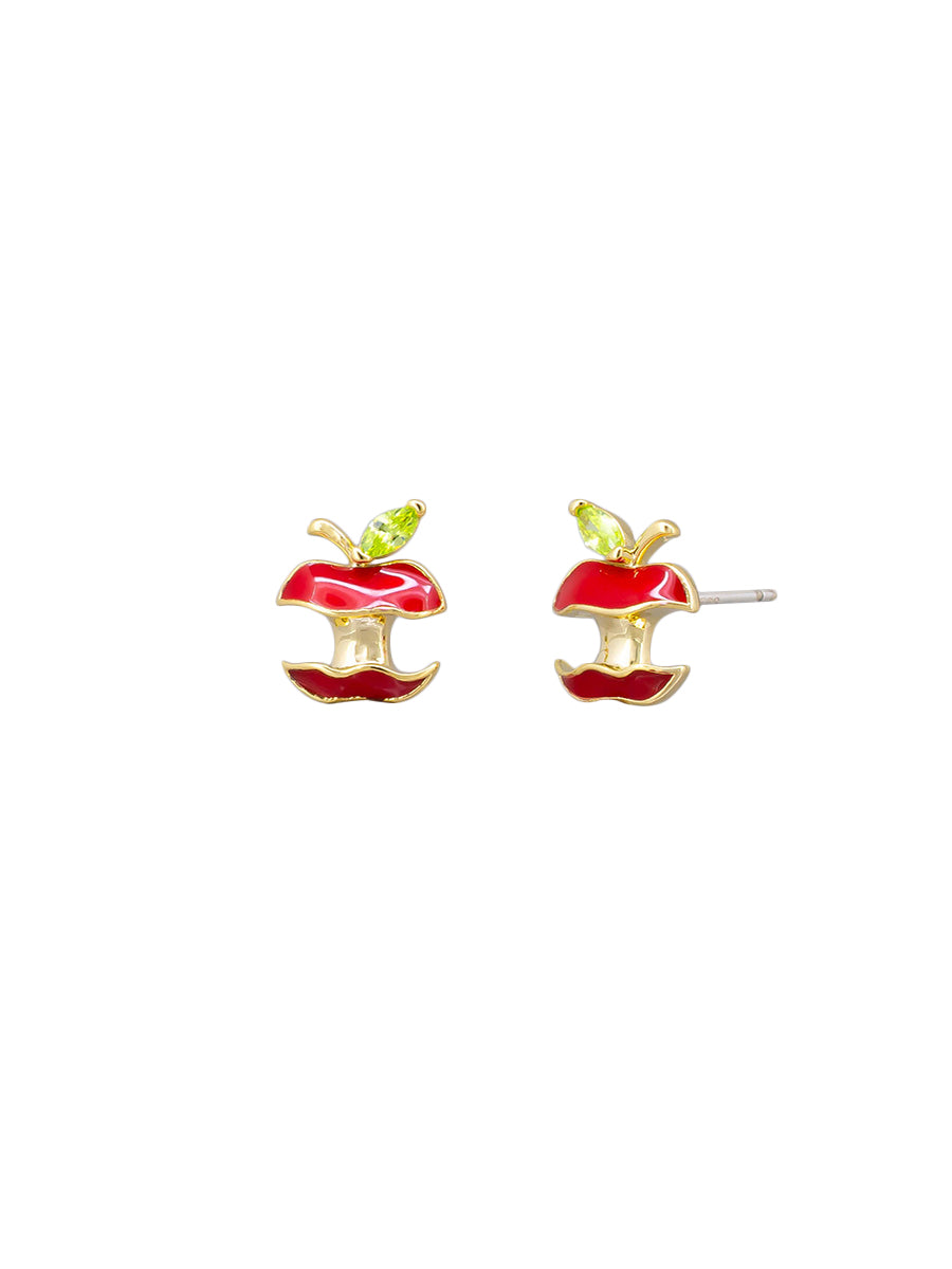Gold apple-core stud earrings with red enamel and a green crystal leaf
