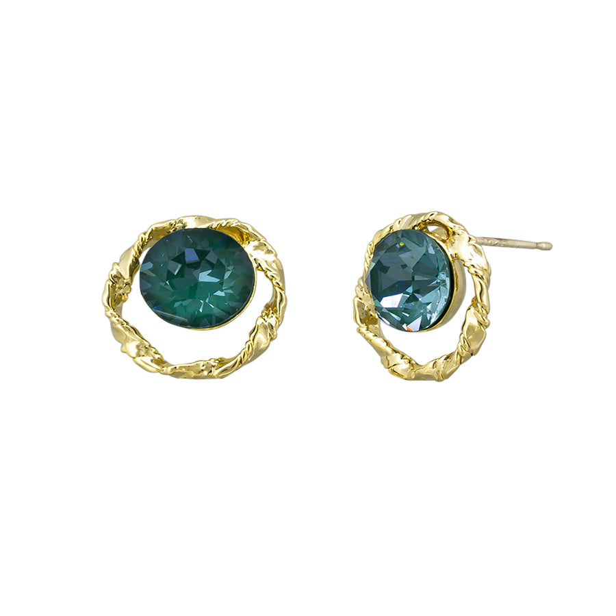 Isla stud earrings in gold twisted frames with deep blue crystal centres
