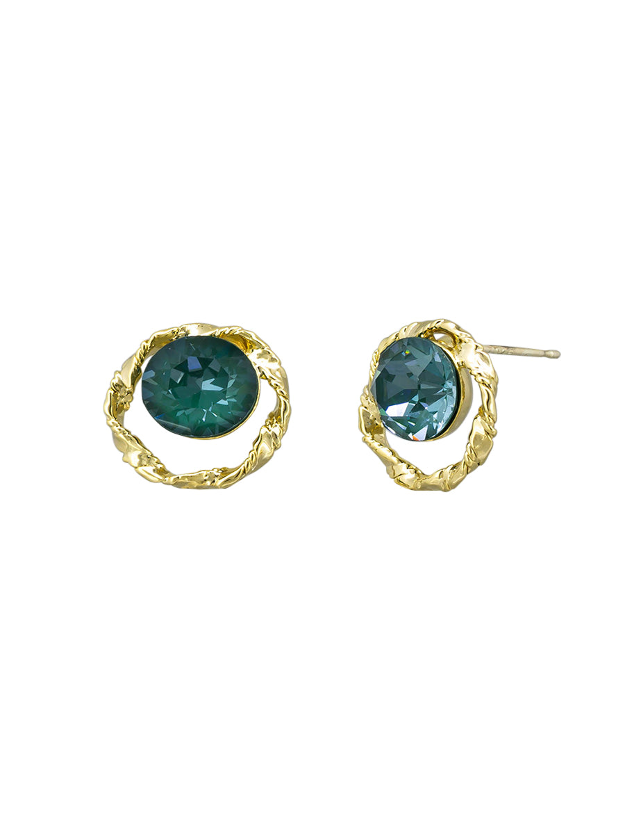 Isla stud earrings in gold twisted frames with deep blue crystal centres
