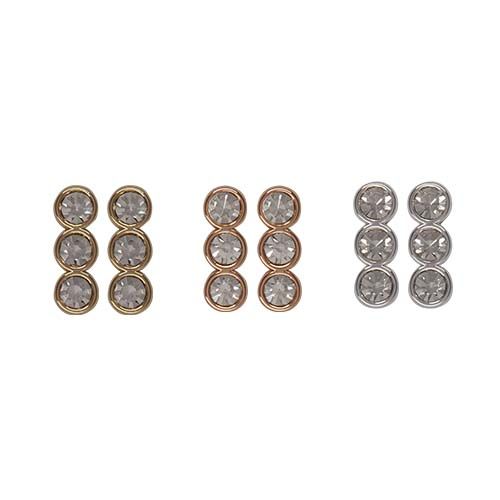 Three pairs of stud earrings, each a vertical trio of round clear cubic zirconia, shown in gold, rose gold and silver.