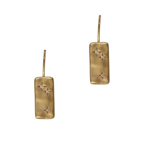 Pair of hammered rectangular drop earrings on fish hooks, gold with a small clear stone.