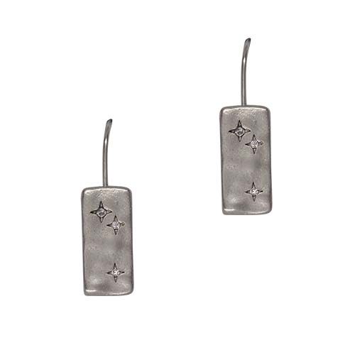 Pair of hammered rectangular drop earrings on fish hooks, silver with a small clear stone.