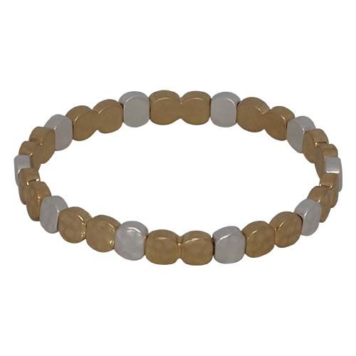 Stretch bracelet of small hammered discs alternating gold and silver.
