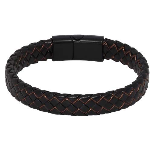 Thick black plaited leather bracelet with a black magnetic barrel clasp.