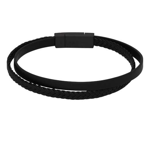 Black leather bracelet with two layers, one plain strand and one plaited, and a black magnetic clasp.