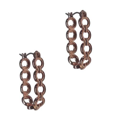 Pair of elongated open-hoop earrings made of flat chain links, in rose gold.