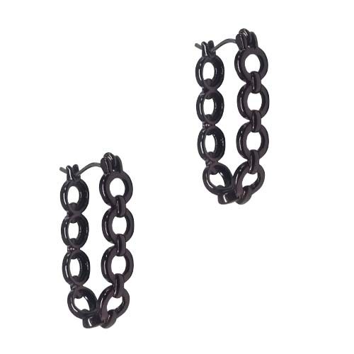 Pair of elongated open-hoop earrings made of flat chain links, in dark chocolate.