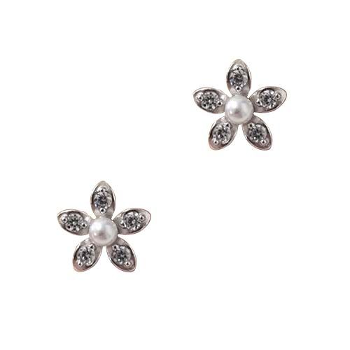Pair of five-petal flower stud earrings set with clear stones and a pearl centre, in silver.
