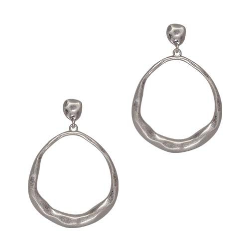 Pair of silver-tone open teardrop hoop earrings with a hammered finish, hanging from nugget-shaped studs.