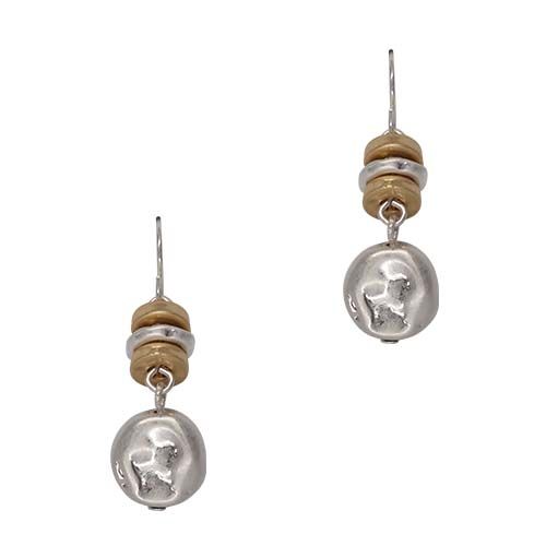 Pair of fish hook earrings with stacked flat gold- and silver-tone beads above a hammered silver-tone disc.