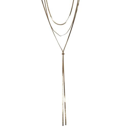 Gold-tone triple-layer necklace of fine herringbone chains, the longest drawn into a Y-shaped lariat with two long tails.