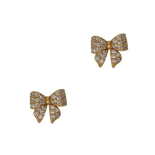 Pair of gold-tone bow stud earrings paved with clear cubic zirconia.