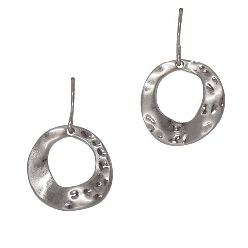 Pair of small hammered silver-tone open circle earrings on fish hooks.